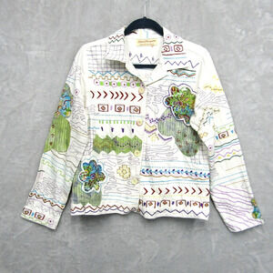 Norm Thompson Jacket Denim Embroidered Floral Patch Artsy White Vintage Medium